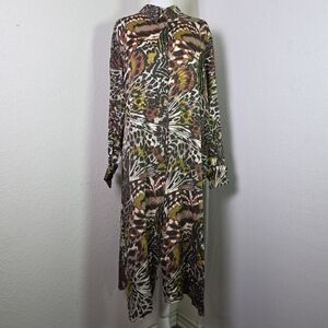 Mango Abstract Animal Print Button-Front Midi Shirt Dress Boho Art Print  Size L